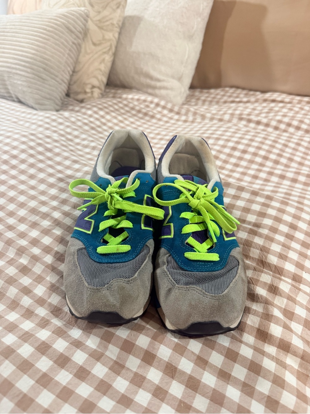 Kids Grey and Blue Nee Balance 574 Athletic Sneakers with Neon Green Laces